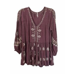 Free People Mohave Embroidered Plum Boho Festival Mini Dress Tunic Size Small